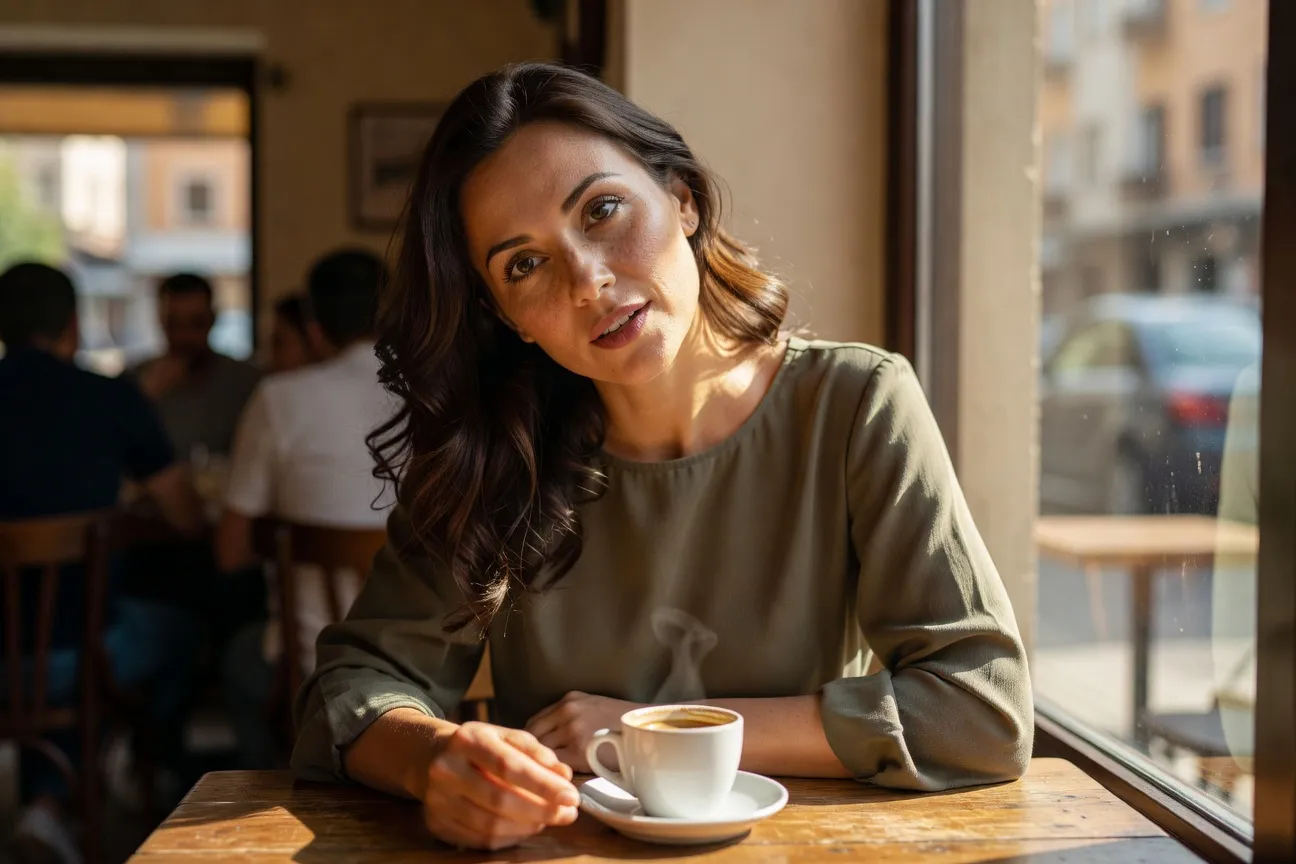 Femme albanaise dans un cafe de Tirana faisant un signe de tete typique