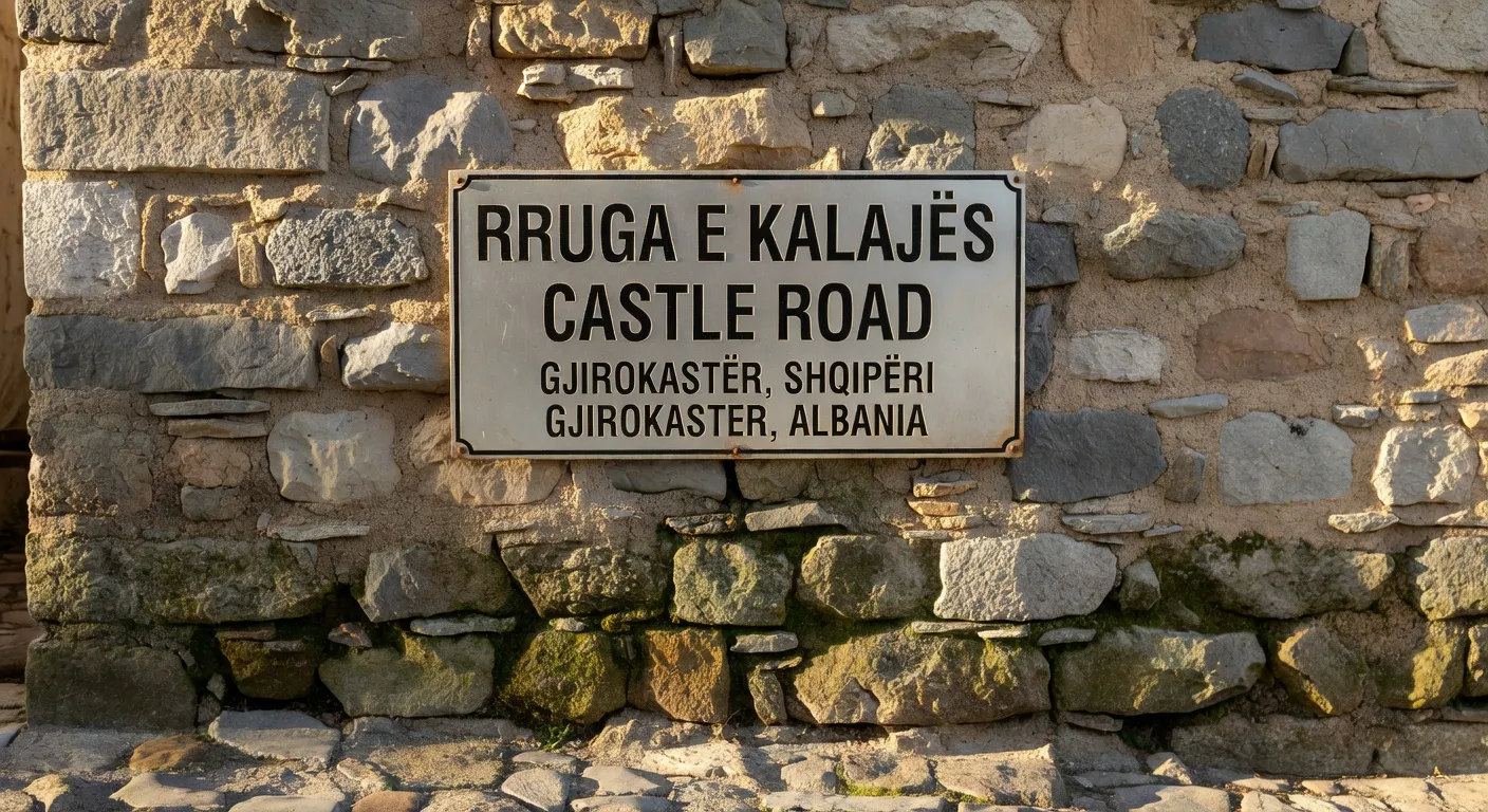 Panneau bilingue albanais et anglais dans une rue de Tirana