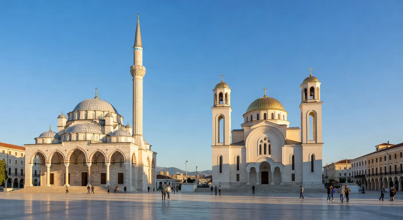 Mosquee Et'hem Bey et cathedrale orthodoxe de Tirana symbolisant la coexistence religieuse albanaise