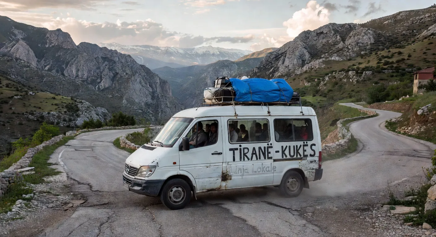 Furgon albanais sur une route de montagne — transport local économique