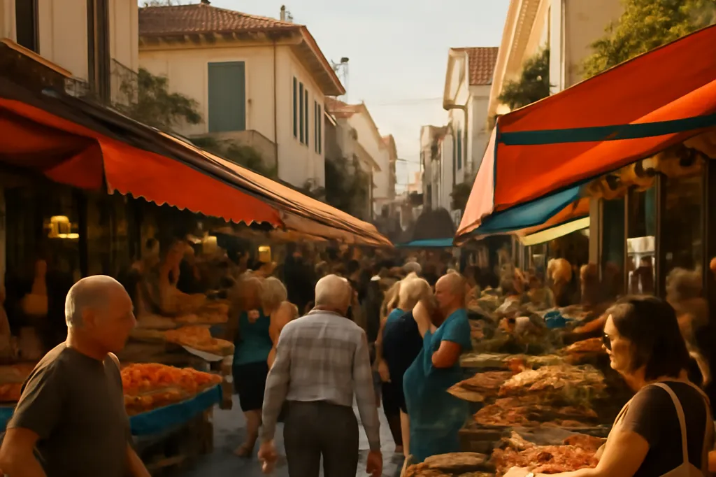 Rue animée en Méditerranée symbolisant l'installation durable de la diaspora albanaise en Grèce