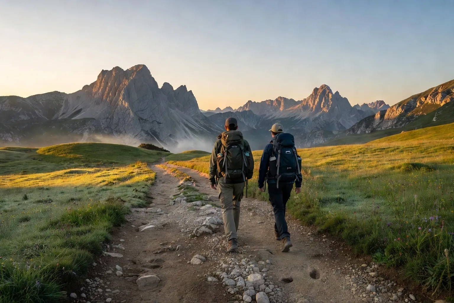 Deux randonneurs partant tôt le matin sur un sentier des Alpes albanaises, sommets calcaires en arrière-plan