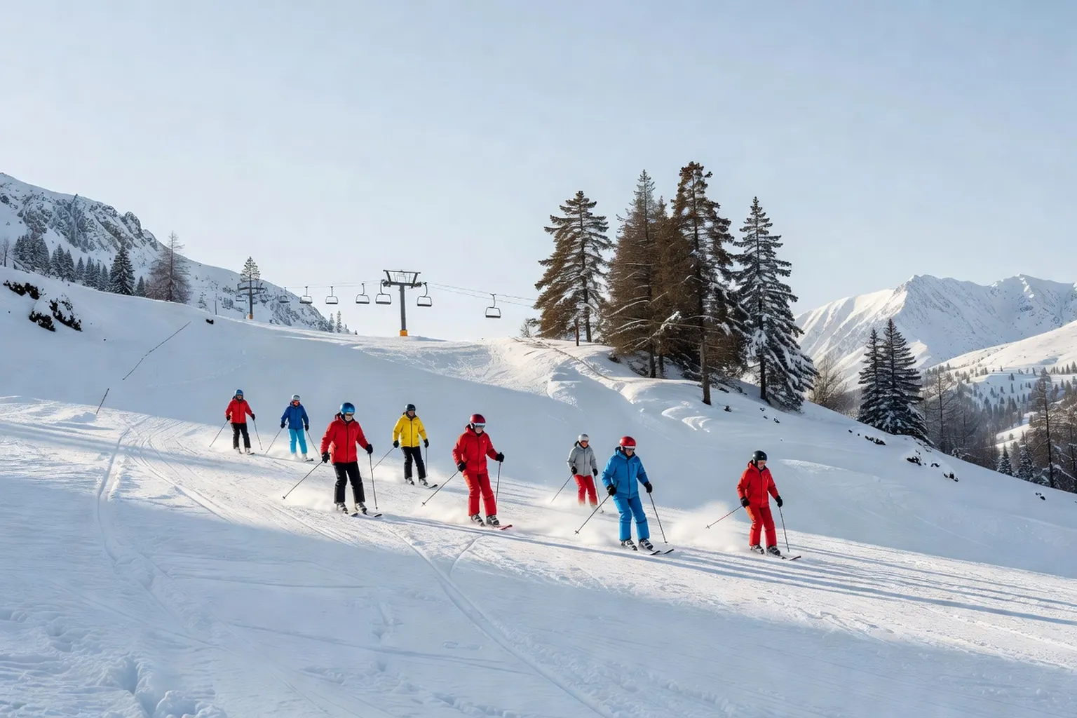 Skieurs débutants sur une piste enneigée de Dardhë, avec des sapins et une remontée mécanique en arrière-plan
