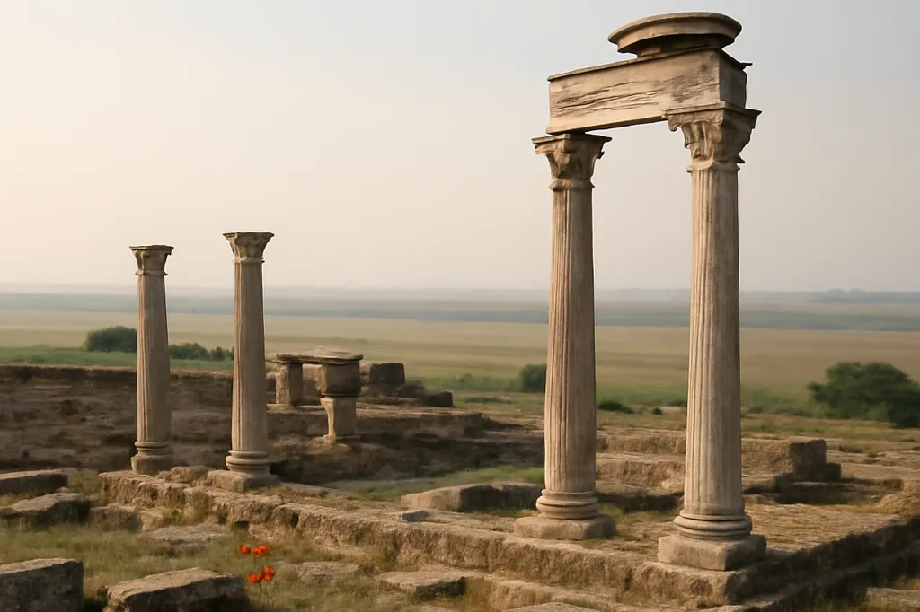 Ruines antiques d'Apollonia dans la plaine de la Vjosa, colonnes de pierre isolées entouré de champs