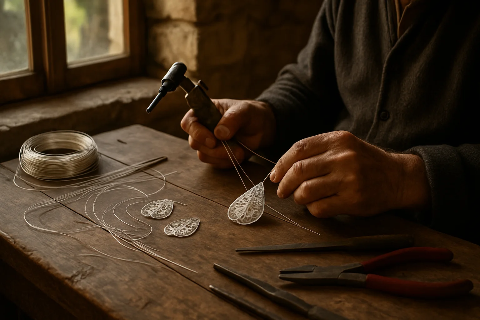 Mains d'un artisan albanais travaillant le filigrane d'argent sur un établi en bois, chalumeau et outils dans un atelier de maison ottomane en pierre
