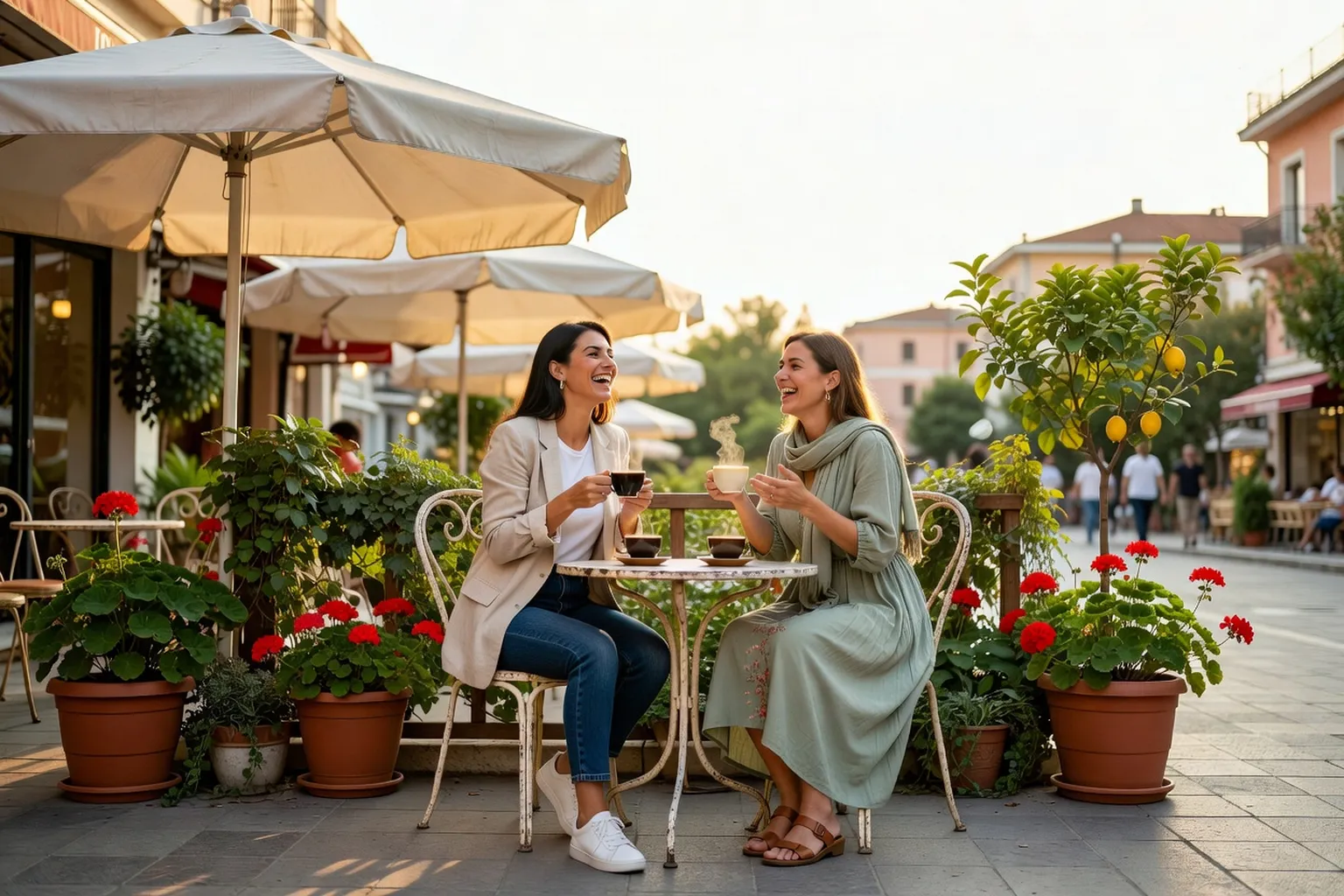 Deux amies albanaises prenant un café en terrasse, vêtues avec simplicité et élégance
