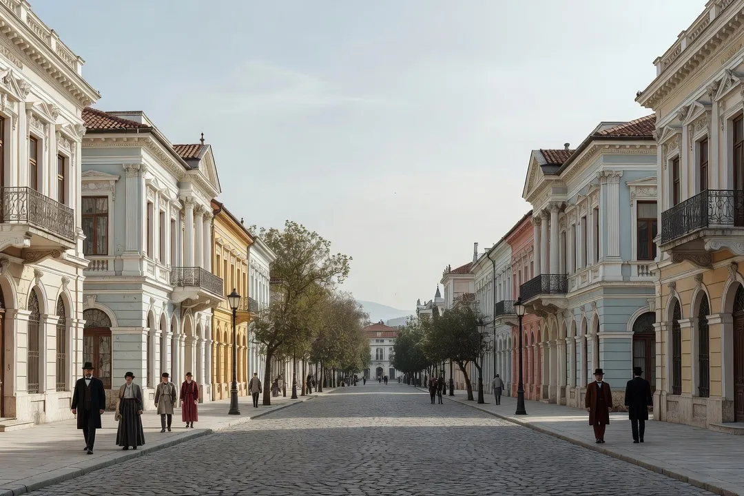 Avenue néoclassique de Korçë bordée de façades du XIXe siècle, avec des passants sur le trottoir