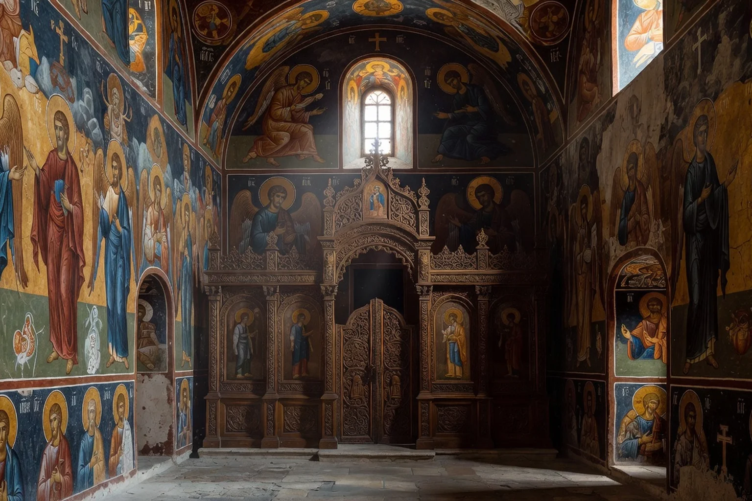 Intérieur de l'église Saint-Nicolas de Voskopojë avec fresques murales anciennes et dôme en pierre