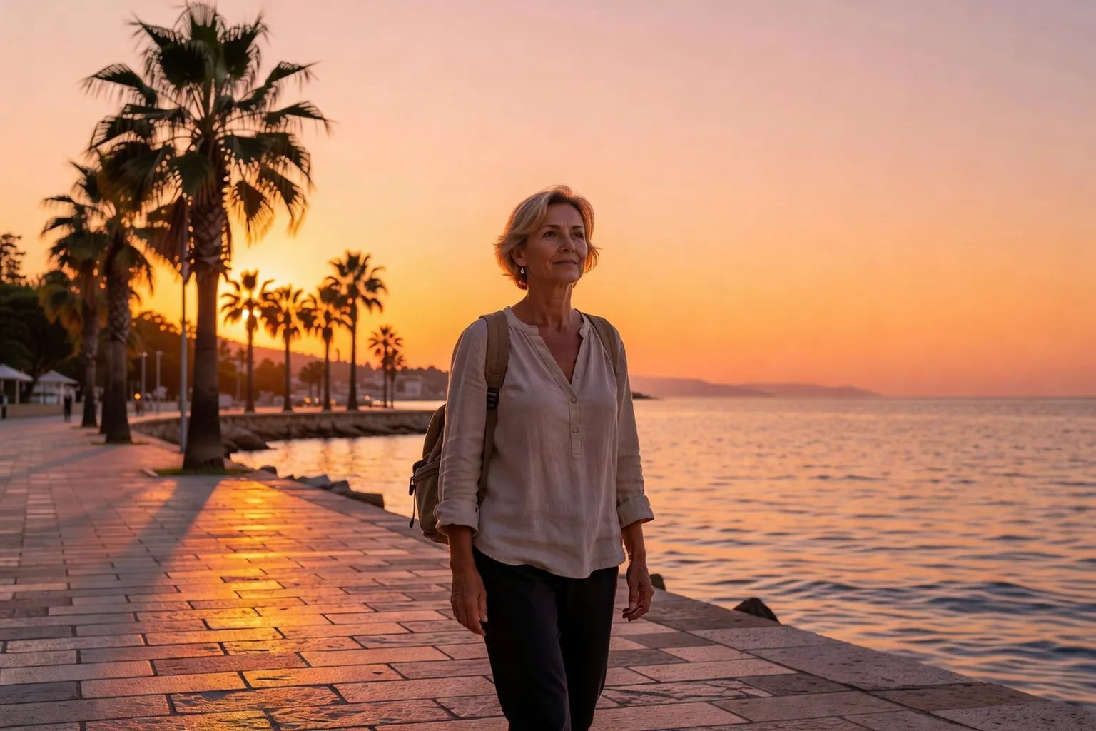 Voyageuse seule sur la promenade de bord de mer de Saranda, au coucher du soleil
