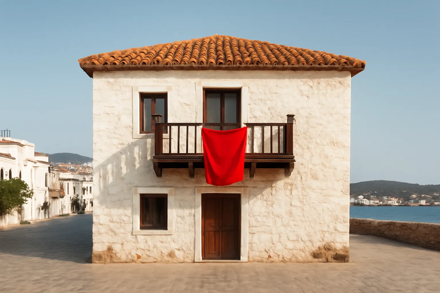 Maison de pierre à balcon de bois ornée d'un drapeau rouge, illustration du type de demeure où fut proclamée l'indépendance
