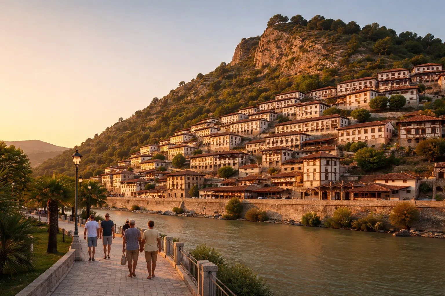 Berat au soir d'une journée d'été, maisons ottomanes blanches sur la colline et promeneurs au bord de l'Osum