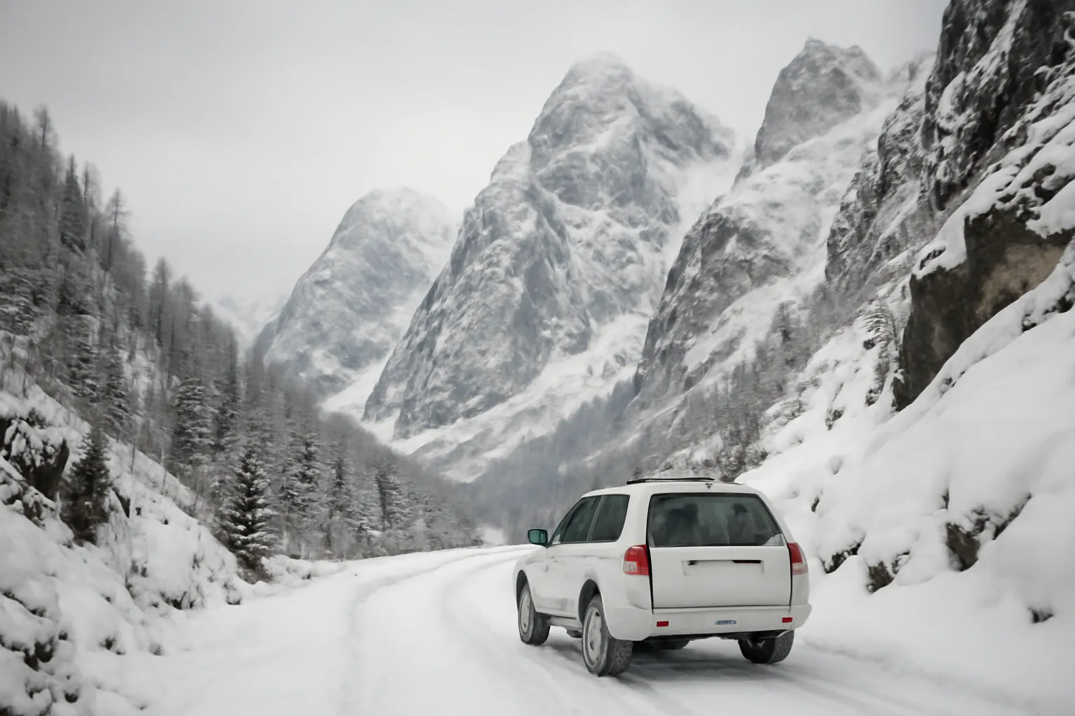 Route de montagne enneigée dans les Alpes albanaises, avec un véhicule tout-terrain blanc roulant sur la neige