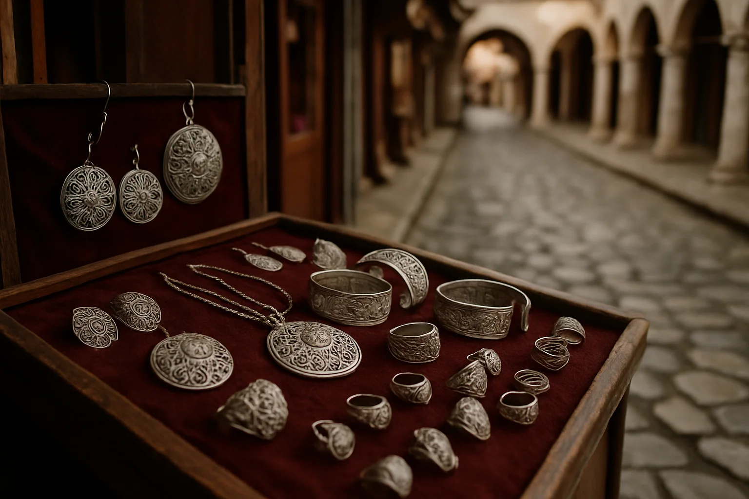 Bijoux en filigrane d'argent exposés sur un velours bordeaux dans une échoppe du vieux bazar de Korçë, arcade ottomane en arrière-plan flou