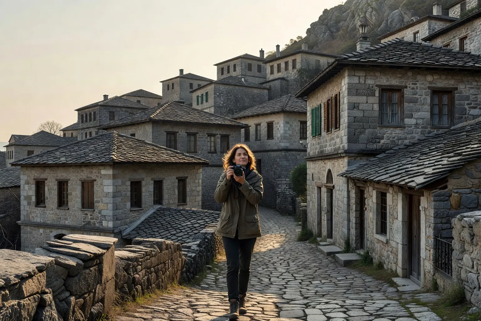 Visiteuse dans une ruelle pavée de Gjirokastër, entre les hautes maisons ottomanes de pierre grise