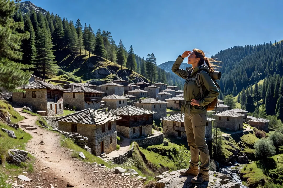 Village de montagne de Dardha avec maisons traditionnelles en pierre et sommets environnants