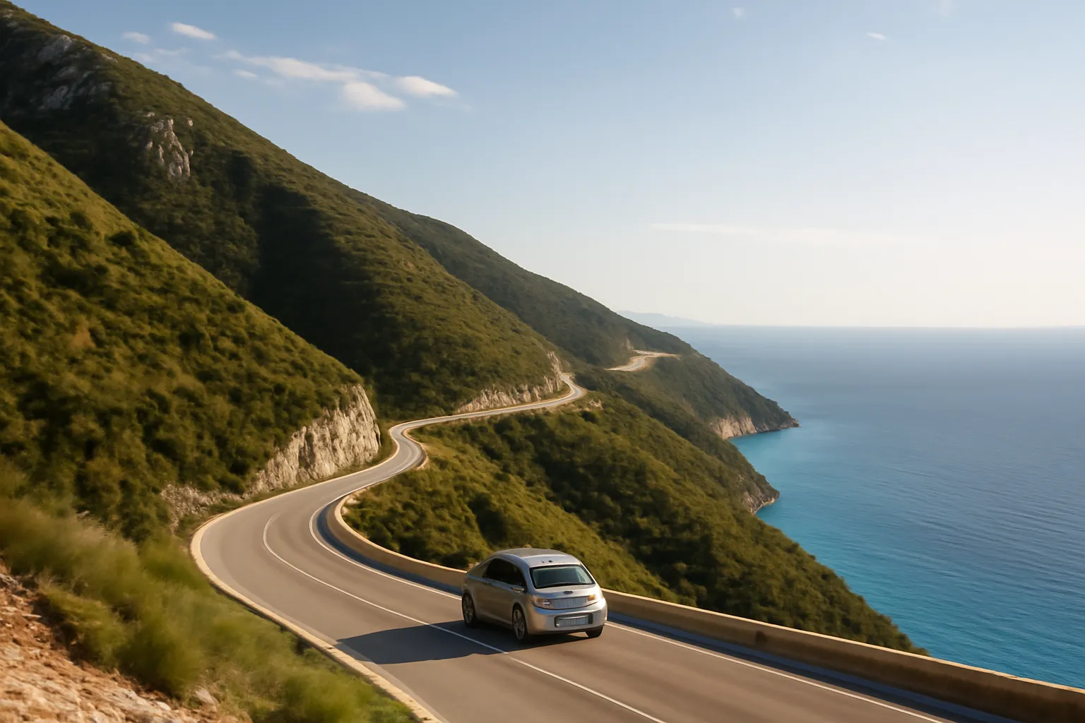 Route côtière sinueuse dominant la mer Ionienne, dans le sud de l'Albanie