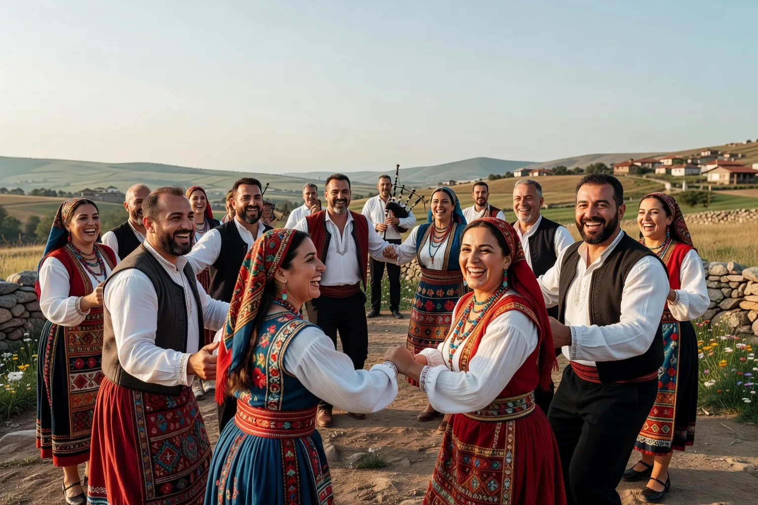 Invités en costumes traditionnels dansant en ronde lors d'une noce villageoise