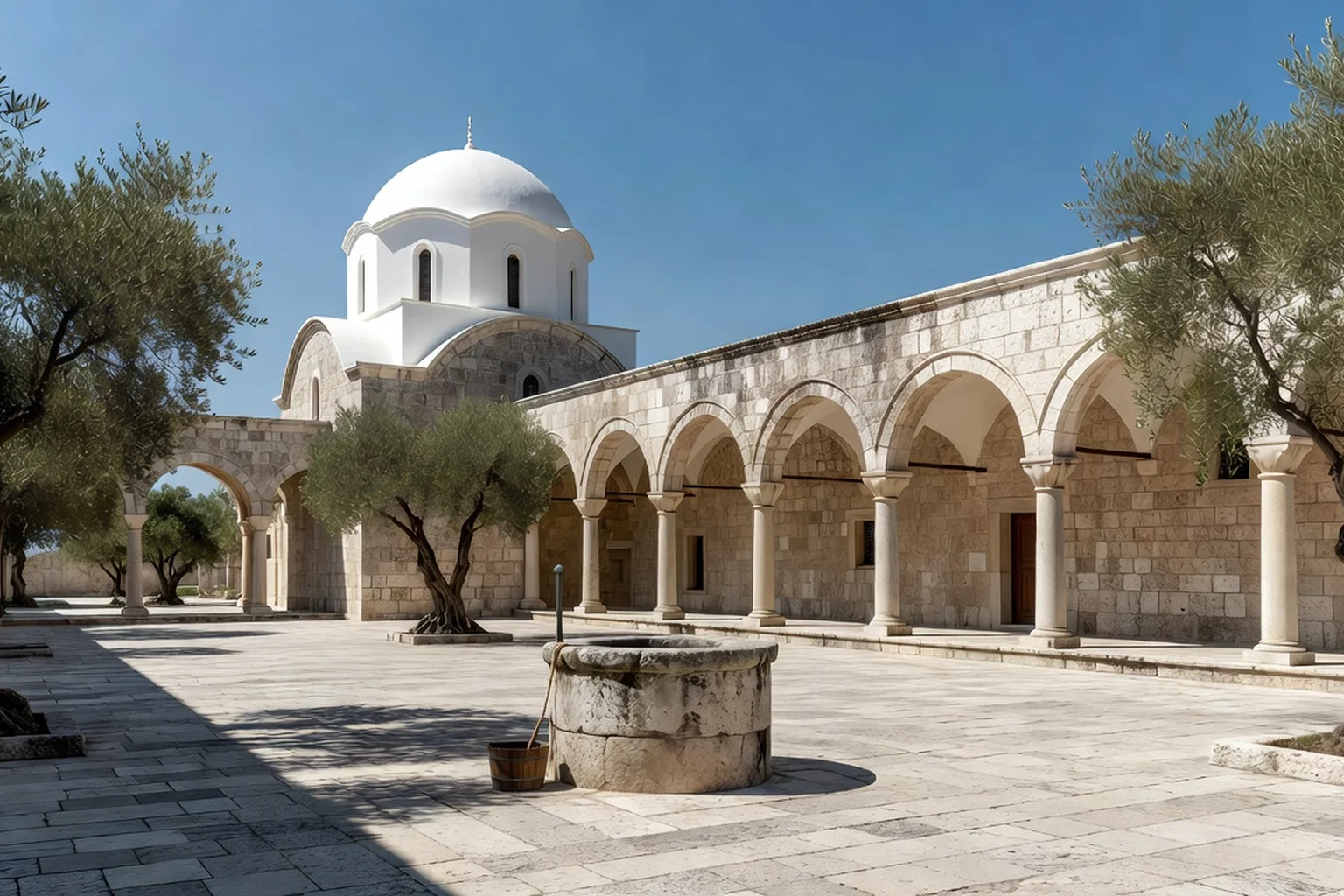 Cour intérieure du monastère d'Ardenica avec église à coupole et arcades blanches