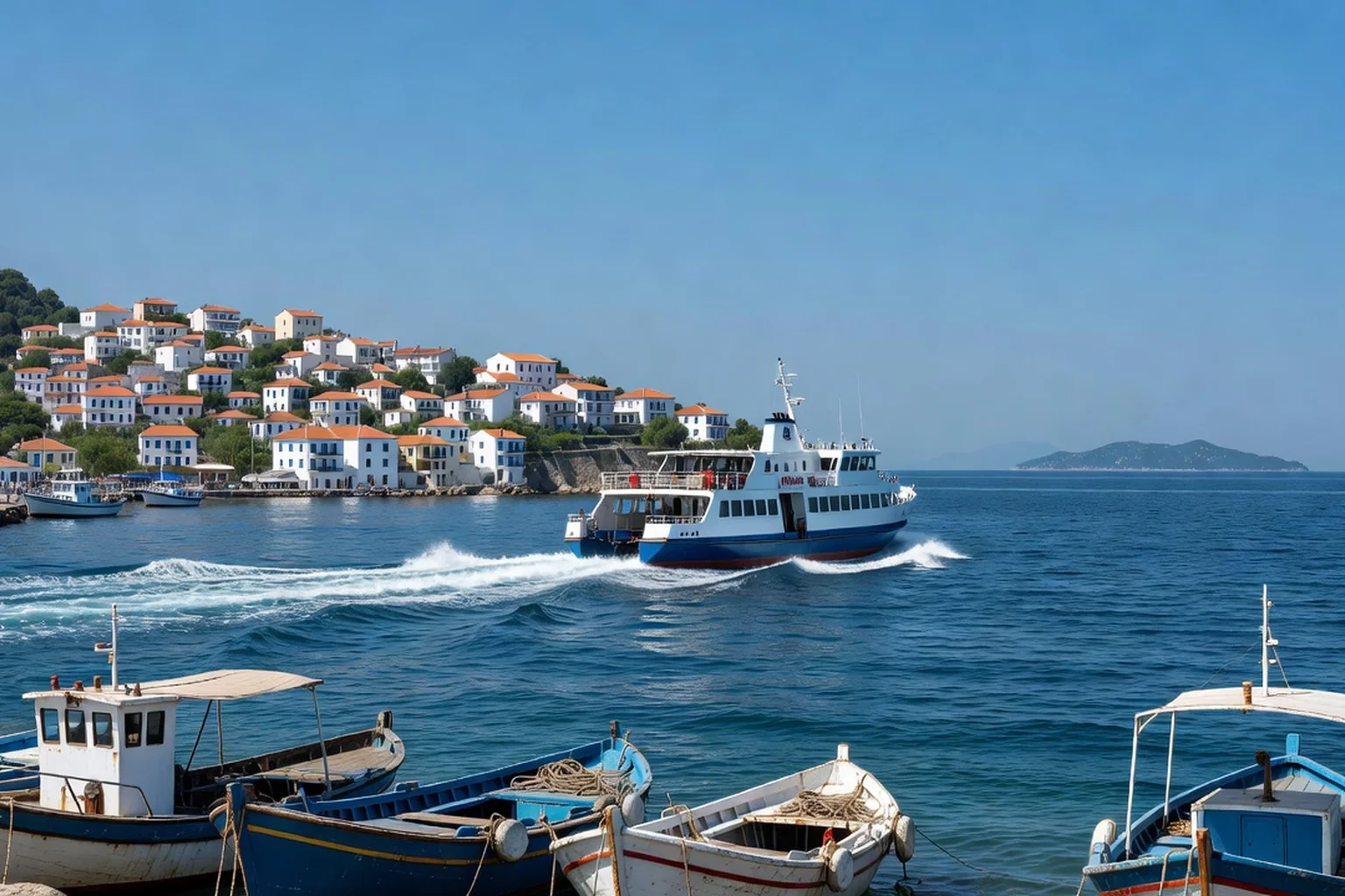 Ferry blanc et bleu quittant le port de Saranda en direction de l'île de Corfou visible à l'horizon