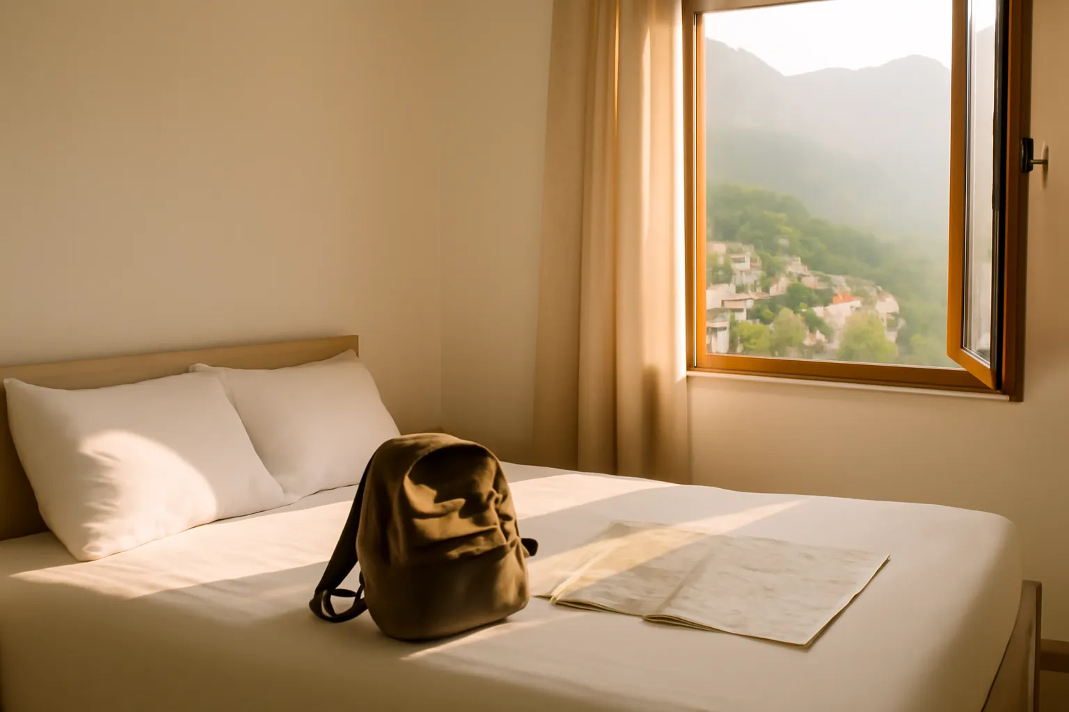 Chambre d'une maison d'hôtes avec sac à dos et carte dépliée sur le lit