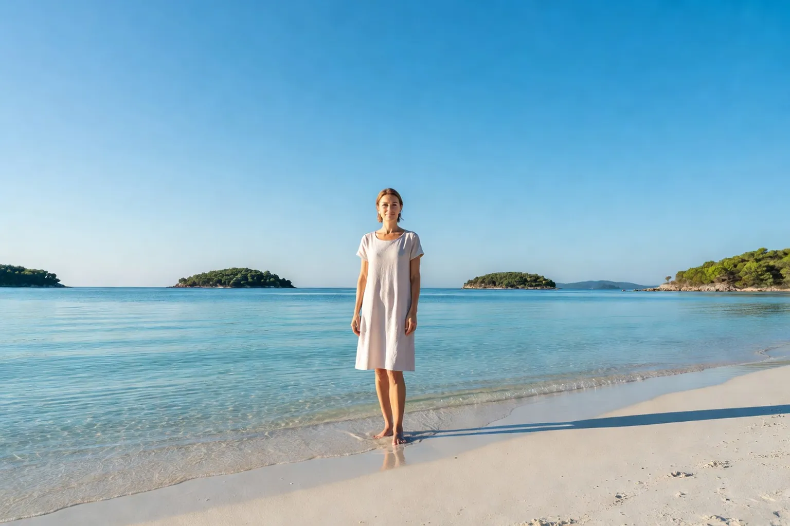 Voyageuse au bord de l'eau sur la plage de sable blanc de Ksamil, face aux îlots verts