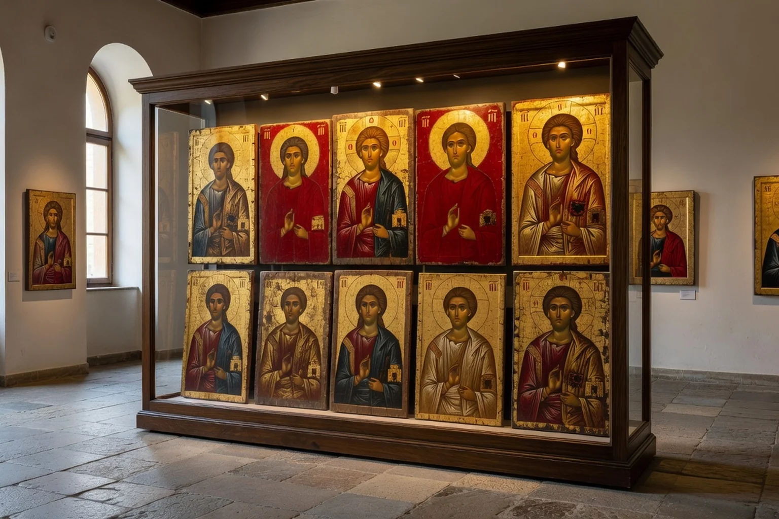 Icônes post-byzantines dorées exposées dans une salle de musée, visages de saints et fonds rouges et or