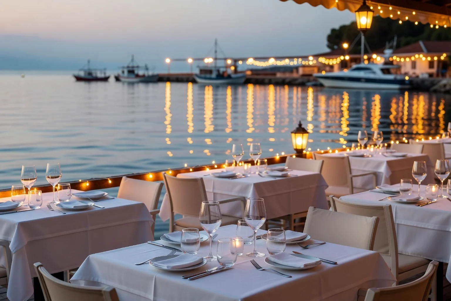 Terrasse de restaurant au bord de l'eau à Saranda le soir, tables dressées face aux lumières du port