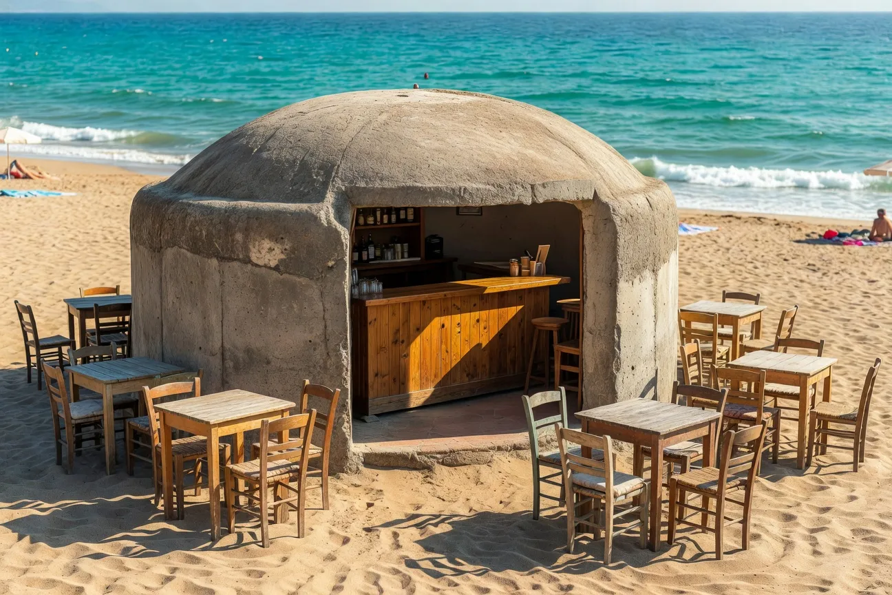 Cafe-bunker amenage sur la plage de Dhermi en Albanie