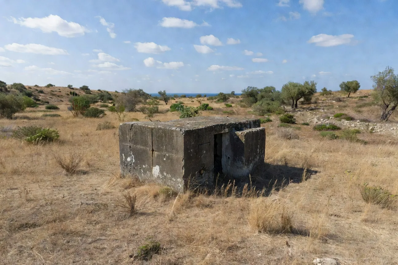 Bunker individuel albanais en beton dans un champ pres de Vlora