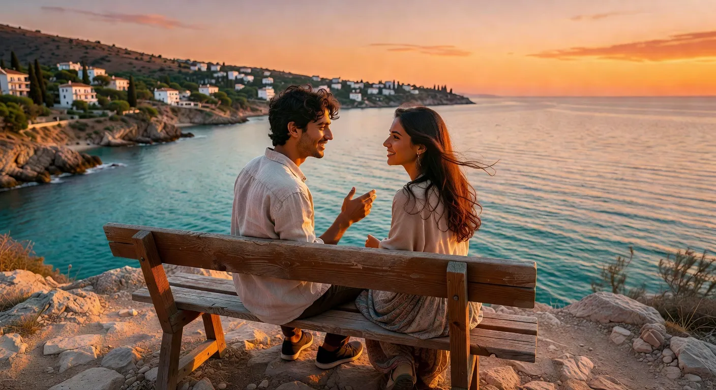 Couple albanais en train de discuter sur un banc avec vue sur la mer