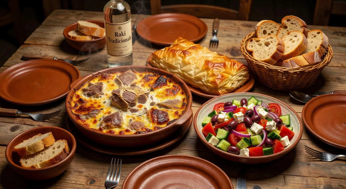 Table traditionnelle albanaise avec byrek, tave kosi, salade et raki