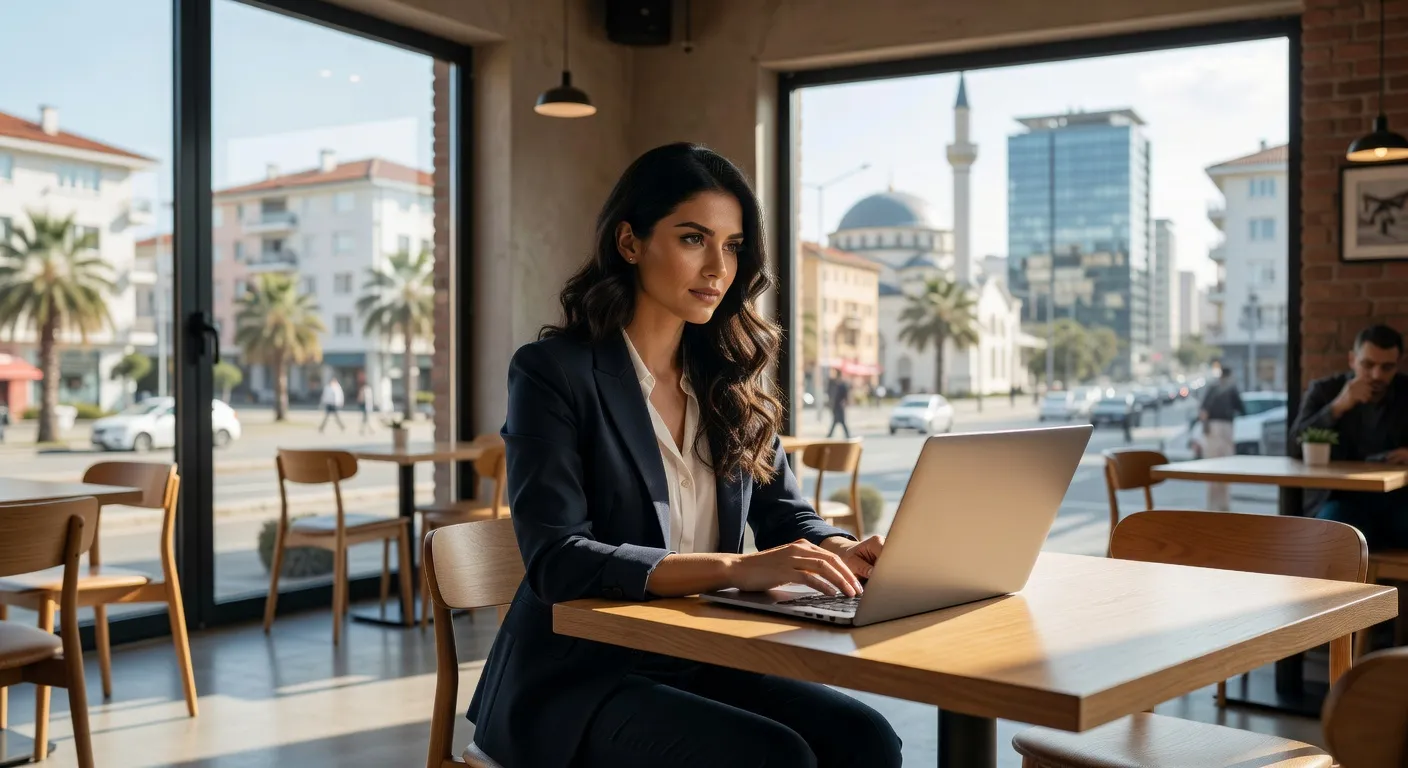 Jeune femme albanaise moderne dans un cafe de Tirana