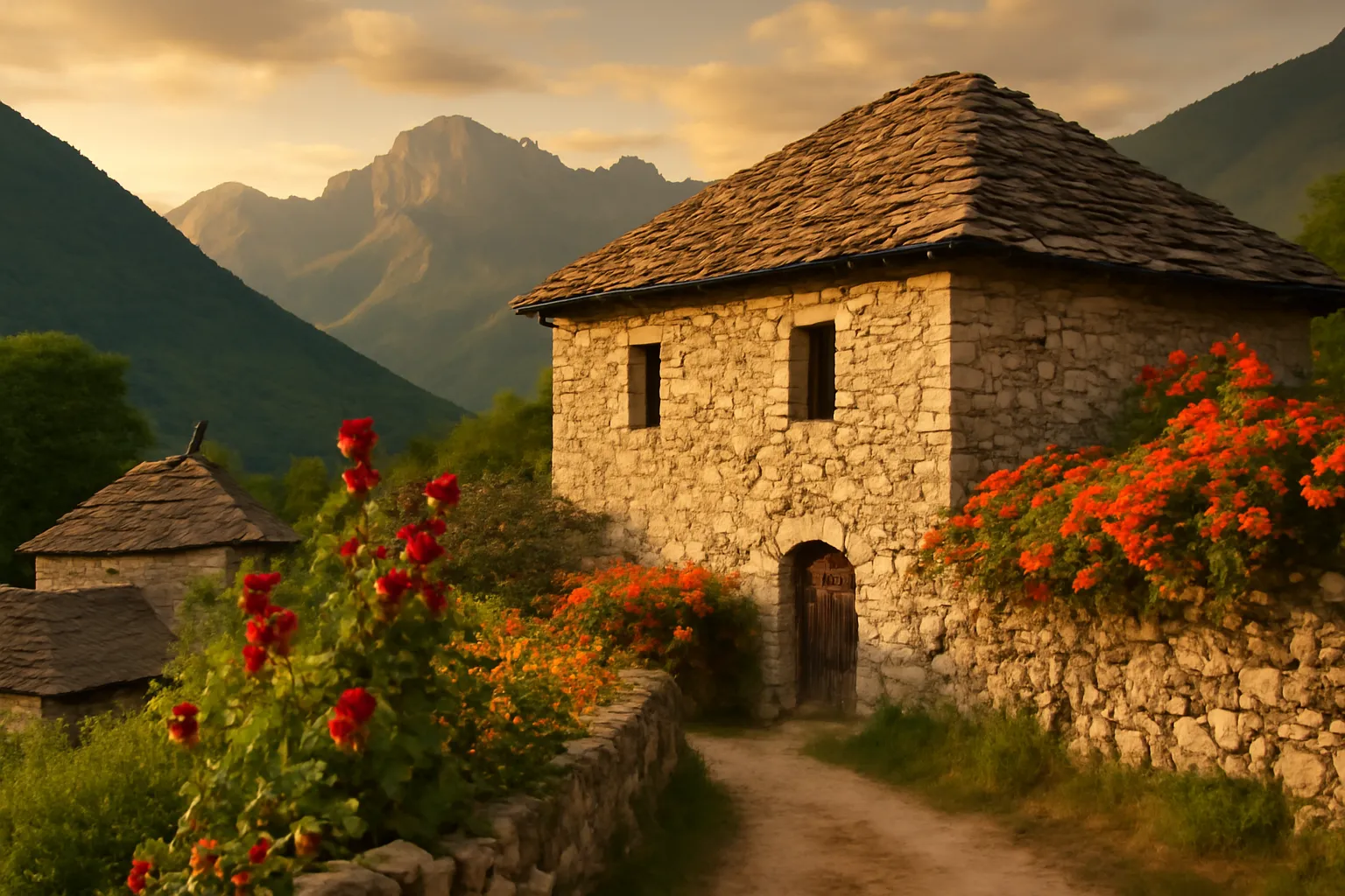 Paysage de village albanais traditionnel en montagne