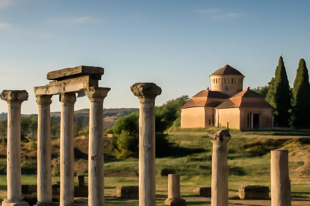 Vestiges antiques du site archéologique d'Apollonia en Albanie, colonnes de pierre dans la plaine de la Vjosa