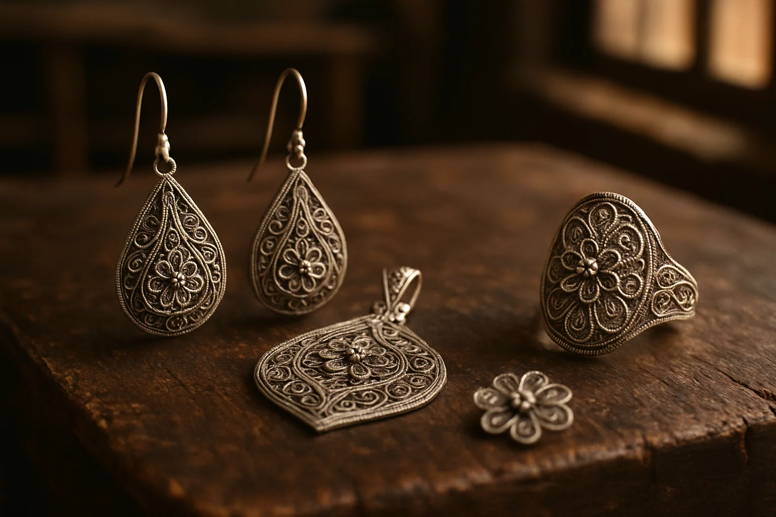 Boucles d'oreilles, pendentif et bague en filigrane d'argent albanais posés sur un bois ancien, dans l'atelier d'un orfèvre des Balkans