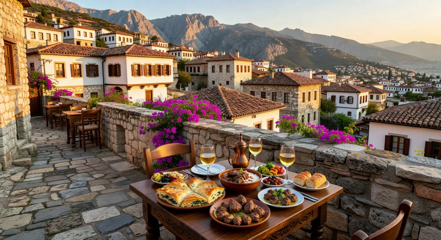 Table de restaurant albanais avec plats traditionnels et prix affichés à Tirana