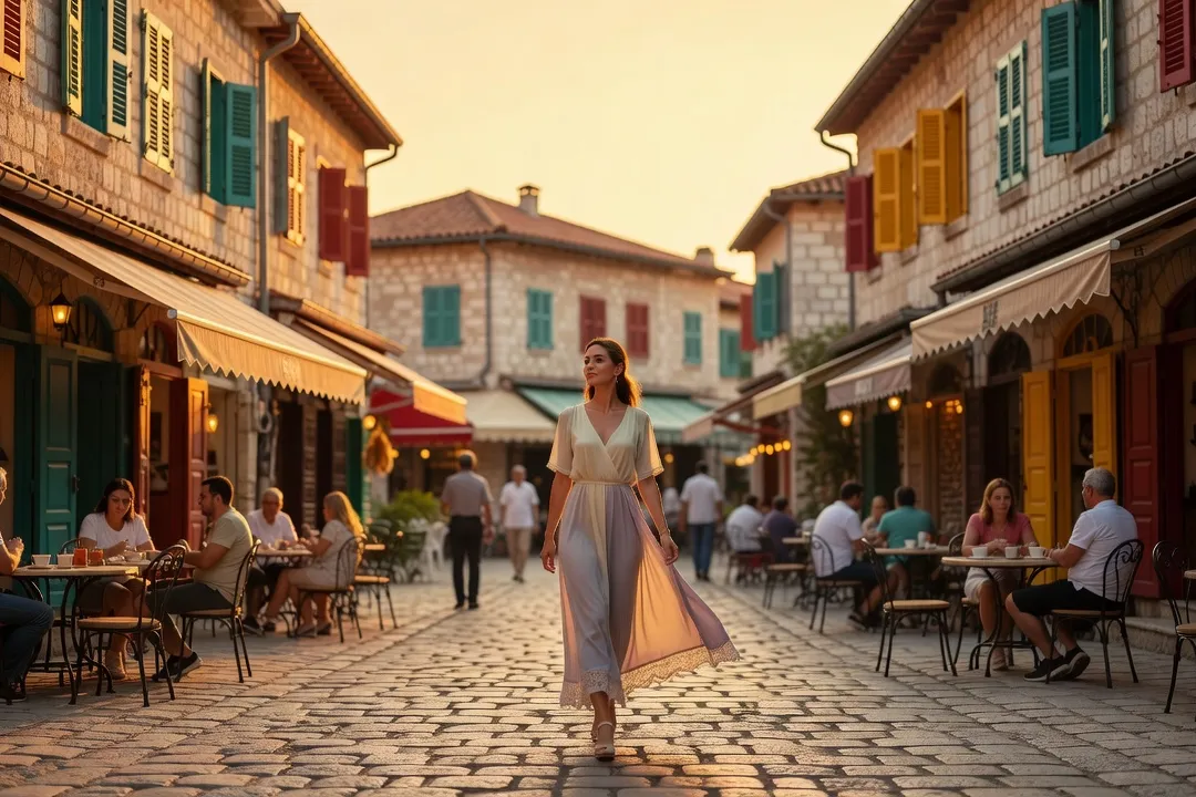 Le vieux bazar ottoman de Korçë au coucher du soleil, ruelles pavées et terrasses de café