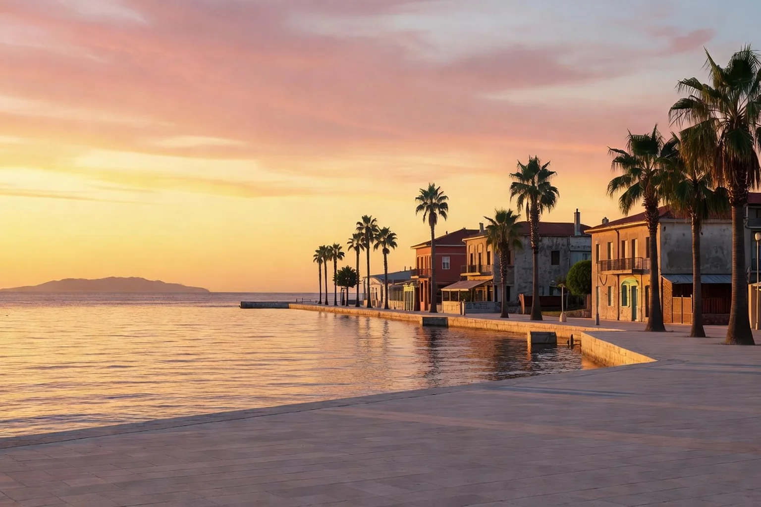 Baie de Saranda au coucher du soleil avec ses eaux turquoise et l'île de Corfou à l'horizon