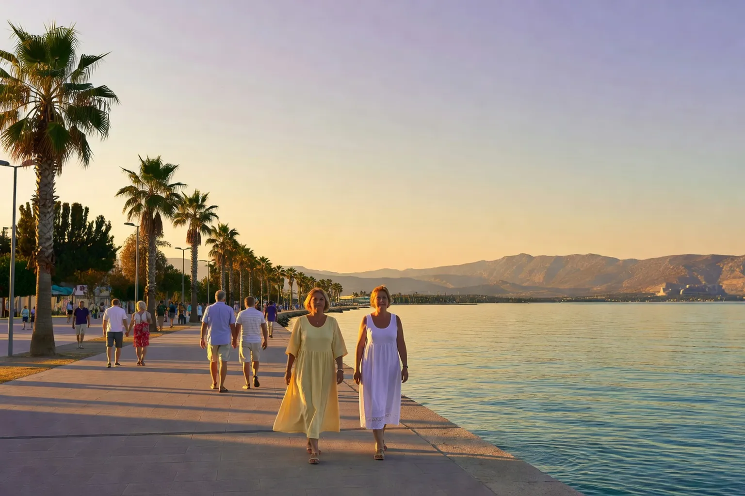 Promeneurs sur le front de mer de Vlorë au coucher du soleil, avec la baie et les montagnes en toile de fond