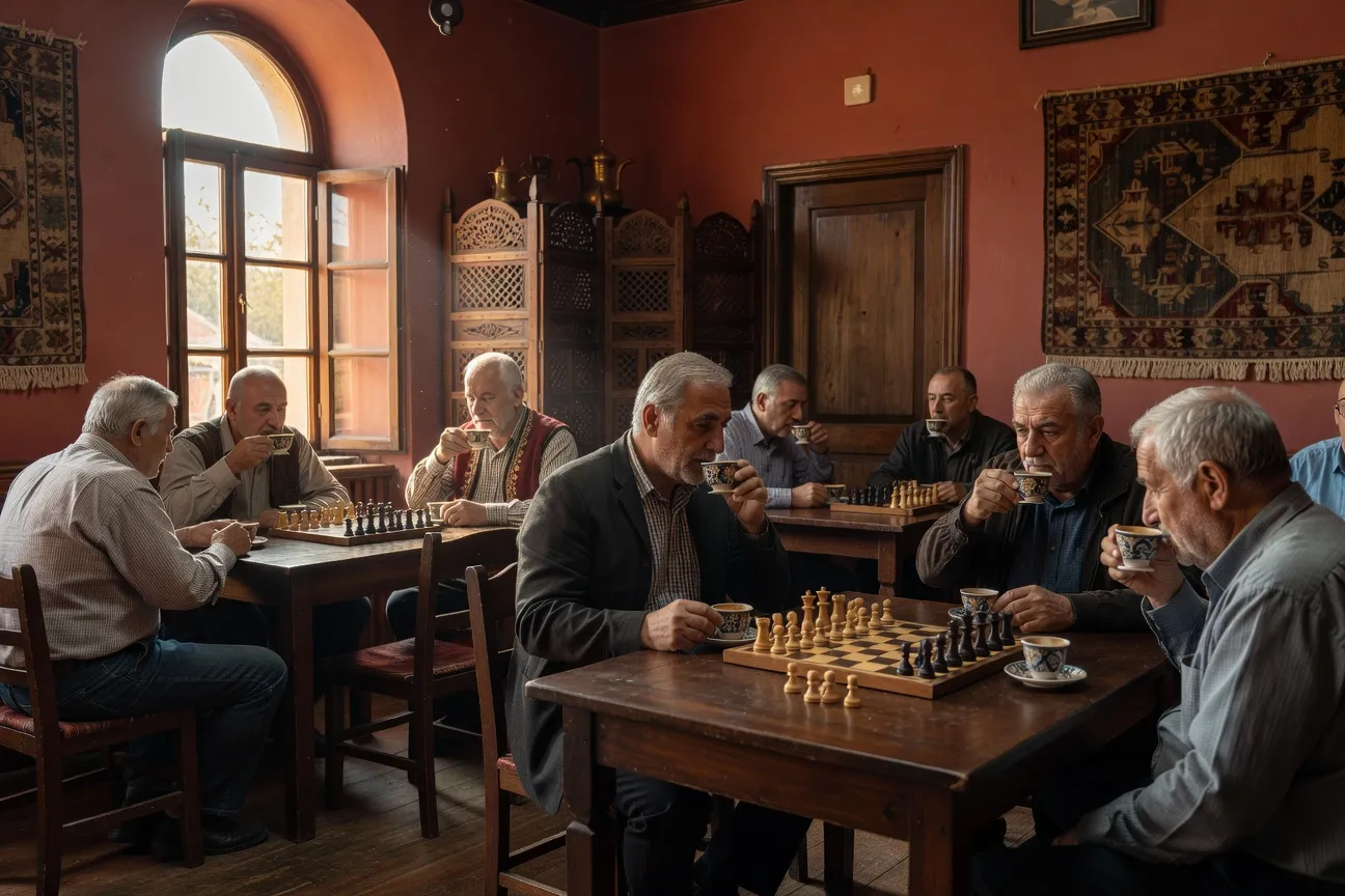 Cafe traditionnel albanais a Shkoder ou s'observe le langage corporel local