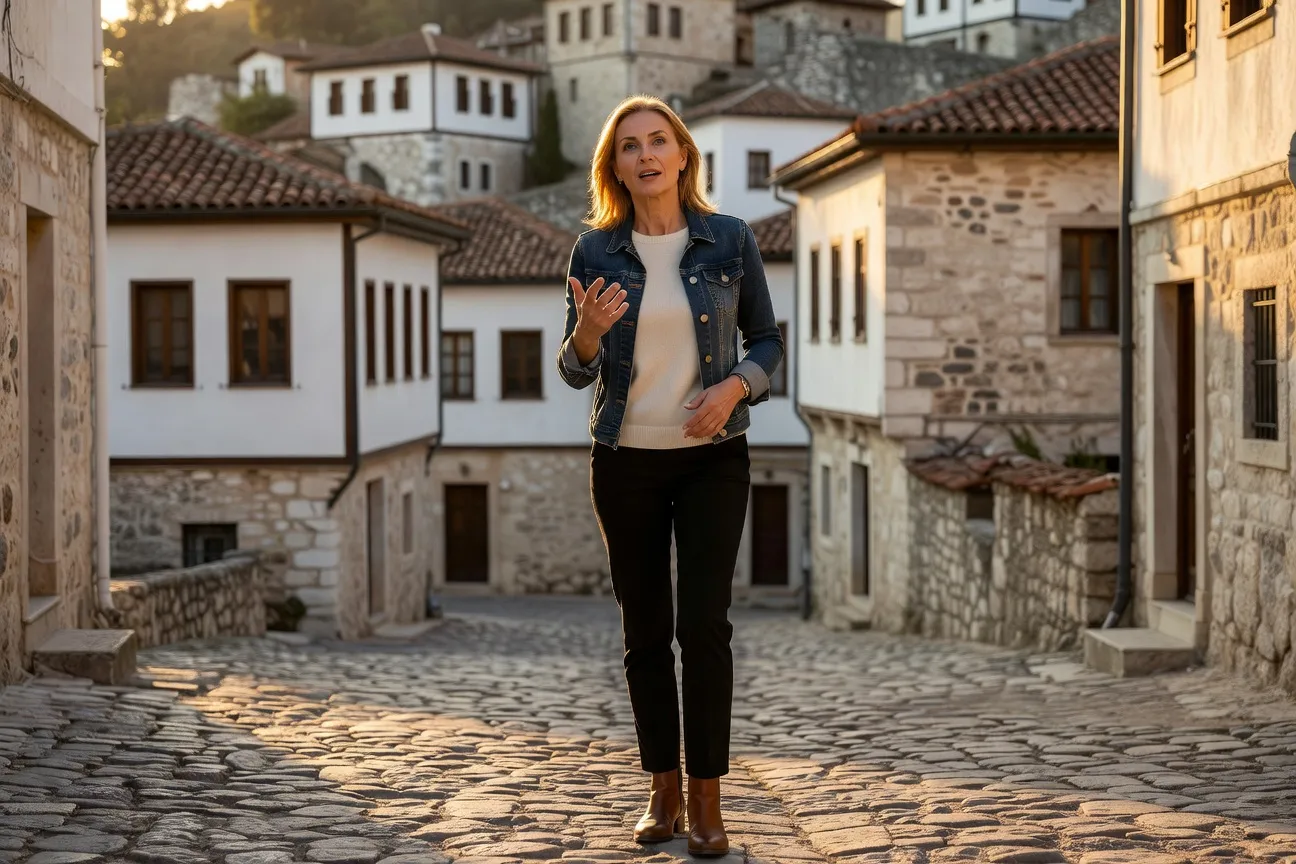 Femme albanaise traditionnelle en train de discuter dans une rue de Berat