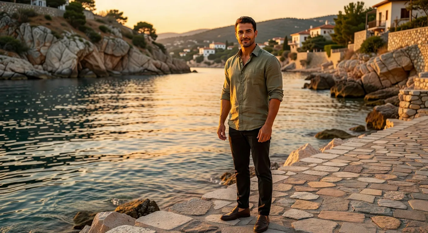 Portrait d'un homme albanais devant la mer Ionienne au coucher du soleil