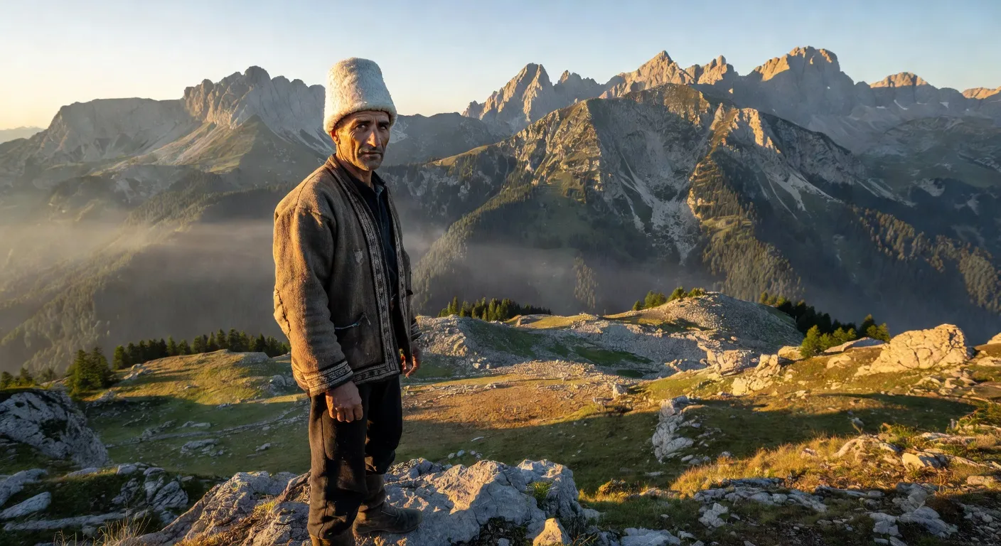 Homme albanais traditionnel devant un paysage de montagne