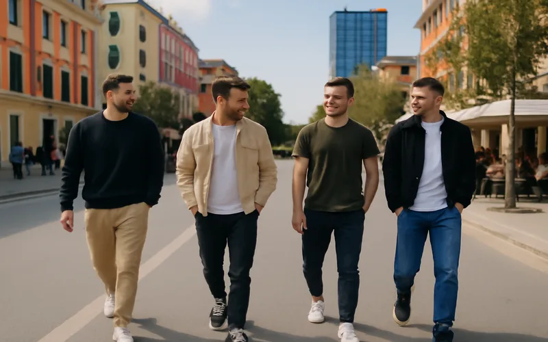 Jeunes hommes albanais dans le centre de Tirana