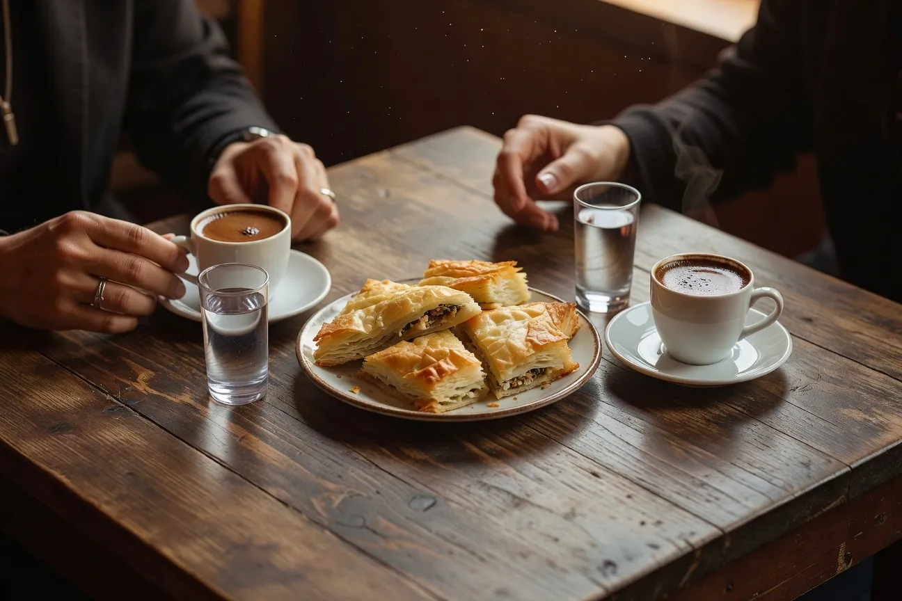 Cafe traditionnel albanais avec petits verres de raki et tasses de cafe turc sur table en bois