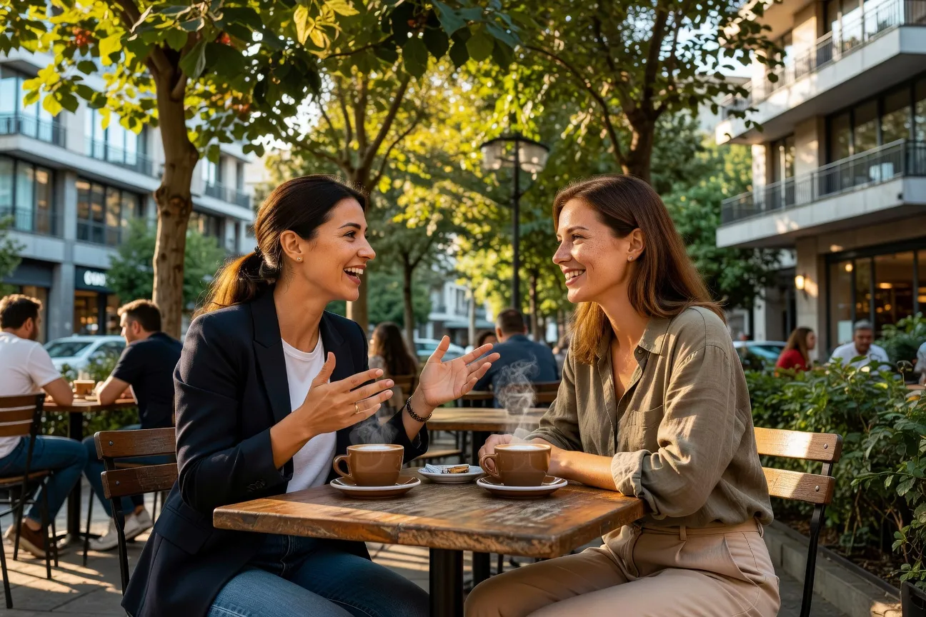 Femmes albanaises discutant longuement en terrasse a Tirana, photo prise au coucher du soleil