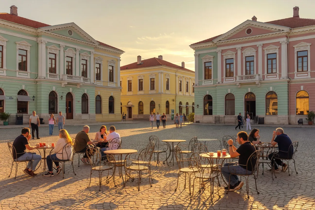 Place centrale de Korca, plusieurs cafes traditionnels et terrasses pleines