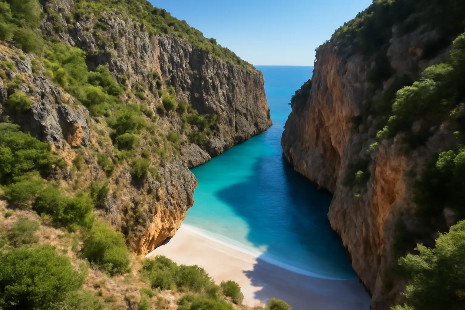 Plage de Gjipe au bout du canyon, eaux cristallines