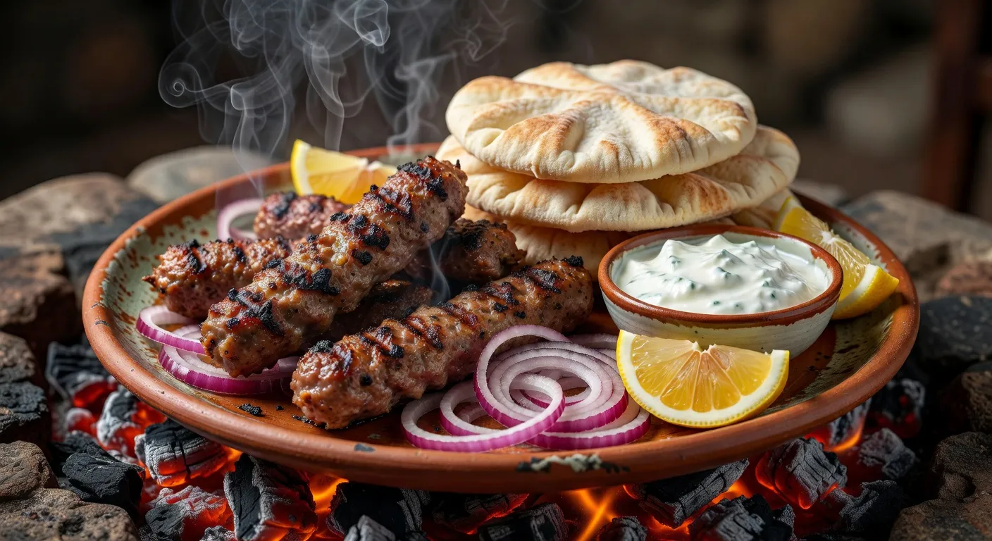 Qebap grille sur charbon de bois accompagne de legumes