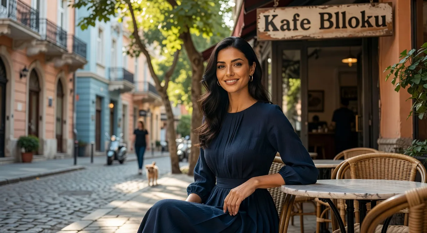 Portrait d'une jeune femme albanaise elegante sur une terrasse de Tirana